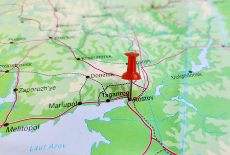 View of Rostov-on-Don, City and administrative center of Rostov Oblast in southern Russia, on a geographical map of Europa, marked with red pushpinの写真素材