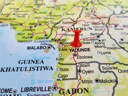 View of Ebolowa, is a city in Cameroon. It is the capital of the South Region and the Mvila department, on a geographical map of Africa, marked with red pushpinの写真素材