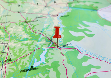 View of Volgograd, formerly Tsaritsyn and Stalingrad, is the largest city and the administrative centre of Volgograd Oblast, Russia, on a geographical map of Europe, with red pinの写真素材