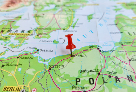 View of Koszalin, is a city in northwestern Poland, in Western Pomerania, on a geographical map of Europe, marked with red pushpinの写真素材
