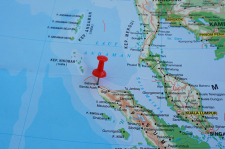 View of Sabang, City in Aceh Province, Indonesia, on a geographical map of Asia, marked with red pushpinの写真素材