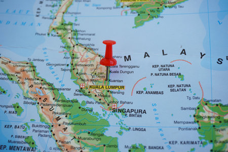 View of Kuantan, is a city and the state capital of Pahang, Malaysia, on a geographical map of Asia, marked with red pushpinの写真素材