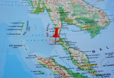View of Phuket, is a city in the southeast of Phuket Island, Thailand, and the capital of Phuket province, on a geographical map of Asia, marked with red pushpinの写真素材