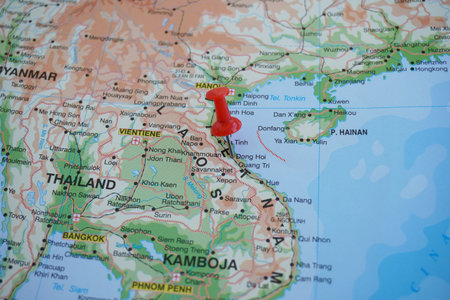 View of Dong Hoi, is the capital city of Quang Tri Province in the north central coast of Vietnam, on a geographical map of Asia, marked with red pushpinの写真素材