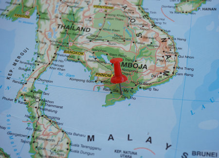 View of Can Tho, is the fourth-largest city in Vietnam, and the largest city along the Mekong Delta region in Vietnam, on a geographical map of Asia, marked with red pushpinの写真素材