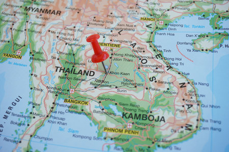 View of Khon Kaen, is the capital of Khon Kaen province and the fourth-largest city in Thailand, on a geographical map of Asia, marked with red pushpinの写真素材