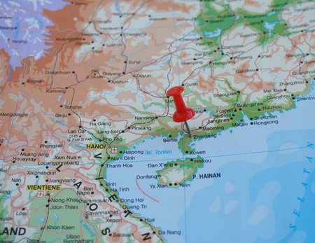 View of Zhanjiang, is a port city and Prefecture-level city in Guangdong, China, on a geographical map of Asia, marked with red pushpinの写真素材