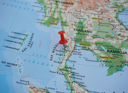 View of Myeik also known as Mergui, is rural city in Tanintharyi Region, Myanmar, on a geographical map of Asia, marked with red pushpinの写真素材