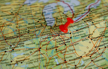 view of Indianapolis on a geographical map of United States of America, marked with red pushpin