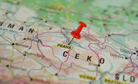 view of Prague, Czech Republic on a geographic map of Europe, marked with a red pin