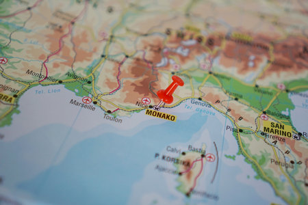 view of Monaco, France on a geographic map of Europe, marked with a red pinの写真素材