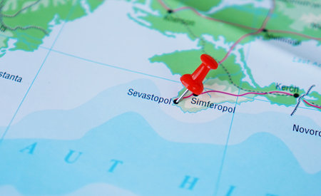 view of Sevastopol, Ukraine on a geographic map of Europe, marked with a red pinの写真素材