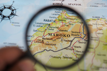view of Morocco, on a geographical map of Africa seen using a magnifying glass