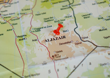 view of Algeria, on the geographical map of Africa, marked with a red pin