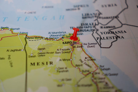 View of Giza, is the third-largest city in Egypt by area, on geographical map of Asia, marked with...