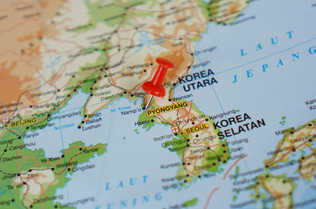 view of Pyongyang, Capital city of North Korea on a geographical map of Asia, marked with a red pinの写真素材