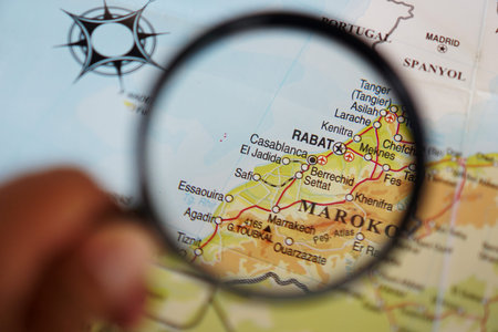 view of Casablanca, Morocco on a geographic map of Africa, seen using a magnifying glass