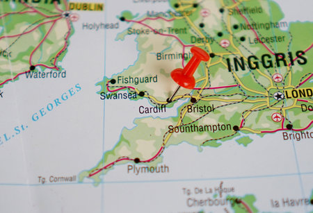 view of Cardiff, Capital city of Wales, United Kingdom on a geographical map of Europe, marked with a red pinの写真素材