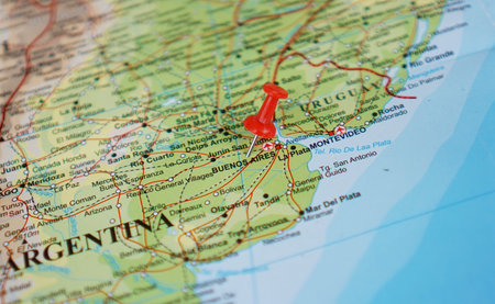 view of Buenos Aires, Argentina on a geographic map of the Americas, marked with a red pin