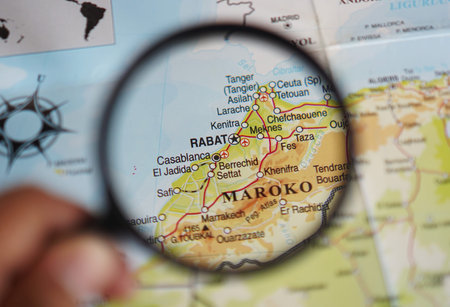 view of Rabat, Capital city of Morocco on a geographical map of Africa, seen using a magnifying...