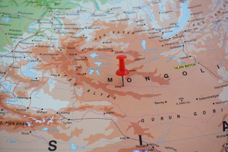 View of Altai, is the capital of the Govi-Altai province in western Mongolia, on a geographical map of Asia, marked with a red pin.の写真素材