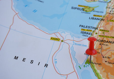 View of Aynuna is a village in northwestern Saudi Arabia, in the Tabuk Region, on geographical map of Asia, marked with a red pushpin.の写真素材