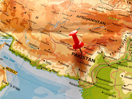 view of Pakistan, officially the Islamic Republic of Pakistan, is a country in South Asia, on a geographical map of Asia, marked with red pushpinの写真素材
