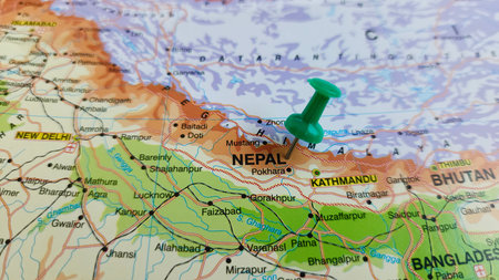 view of Nepal, on a geographical map of Asia, marked with green push pinの写真素材