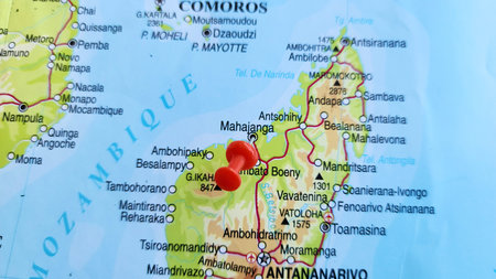 View of Mahajanga, Commune in Madagascar, on a geographical map of Africa, marked with red push pinの写真素材