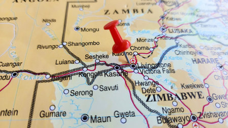 View of Livingstone, Zambia, City in Zambia, on a geographical map of Africa, marked with red pushpinの写真素材