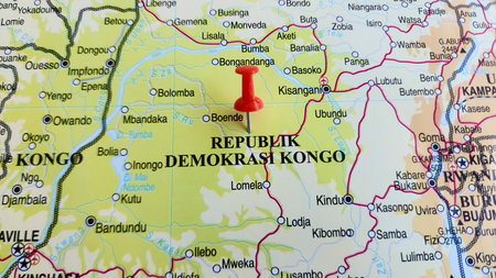 View of Republic of the Congo, Country in Central Africa, capital Brazzaville, on a geographic map of Africa, marked with red push pinの写真素材