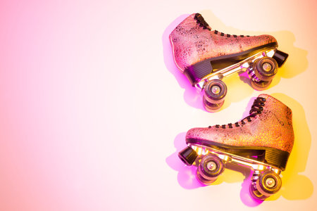 Retro pink glittery roller skates - poster layout design. Colorful (multicolor tonal transitions)...