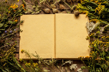 Blank opened book with late summer natural meadow flowers and plants around. Layout with free text space, captured from above. Vintage wooden background, nature elements - rustic style.の写真素材