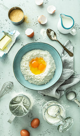 Kitchen - preparing dough. Bowl with flour and eggs. Basic food cooking ingredients around (butter,...