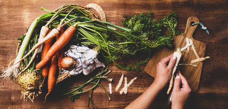 Cooking - chef's hands preparing fresh raw root vegetables (carrot, parsnip, celeriac, leek). Rustic...