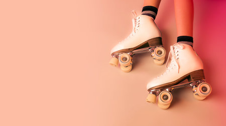 Retro classic white leather roller skates and girl's legs - sports equipment and recreation. Pastel...