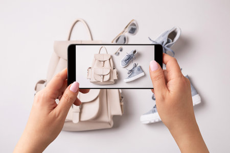 Woman taking photo of white leather backpack, pastel blue sneakers and sunglasses with smartphone....