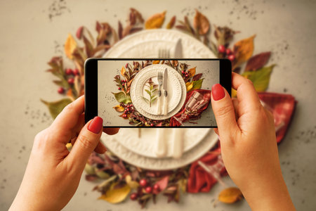 Woman taking photo of autumn (fall) table setting design idea with smartphone. Blogger, influencer or stylist capturing Thanksgiving home decorations for social media.の写真素材