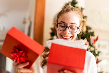 Christmas - happy, excited, caucasian, teenager girl opening red gift box (present). Decorated tree as background. Winter holiday mood in the family home interior.の写真素材