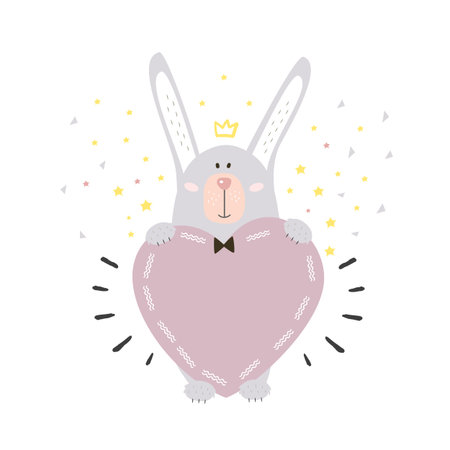 St Valentinas day postcard with cute rabbit with pink heart and yellow stars and with crown and triangleのイラスト素材