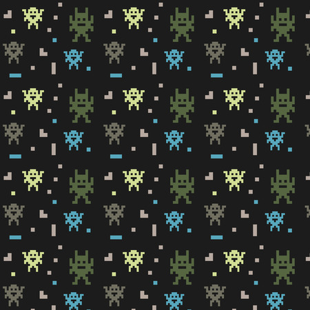 Pattern ornament with pixel art green blue and gray monsters on black backgroundのイラスト素材