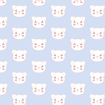 Ornament abstract pattern with white cute cat face on blue backgroundのイラスト素材
