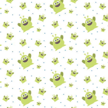 Pattern ornament with funny cute green monster on white backgroundのイラスト素材