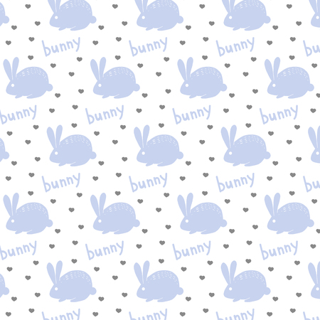 pattern of ornamental pattern with blue rabbit hare and blue letters and gray heart font pet protection animal on white backgroundのイラスト素材