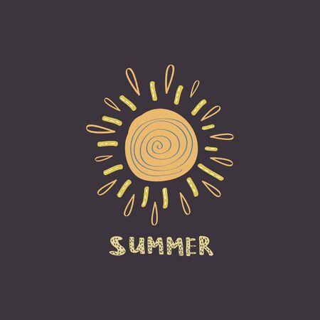 Illustration of yellow sun in doodle style with lettering. Vector flat illustration on black backgroundのイラスト素材