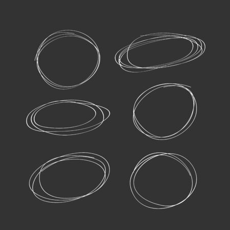 Hand drawn white circle on black background. line sketch set. Vector circular scribble doodle. Vector illustration.のイラスト素材