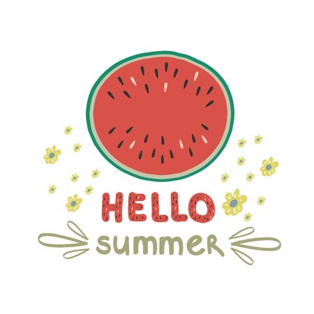 Watermelon with inscription and flowers on white background. Doodle style. Vector hand drawn illustration. Hello summer.のイラスト素材