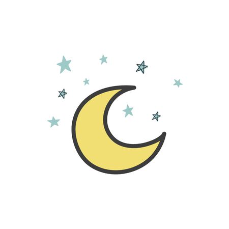 A drawing of a yellow moon with doodle-style stars. vector illustration. Hand-drawn drawing.のイラスト素材