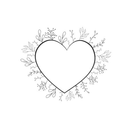 Vector frame in the form of heart with flowers and plants in the doodle style. Botanical design for the weddingのイラスト素材