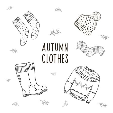 Set of drawings of autumn clothes. Illustration by hand in the style of doodle. Linear illustartionのイラスト素材